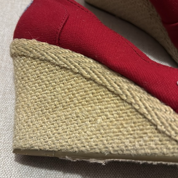 Toms Espadrille Wedge Peep Toe Sandals-Sz 9.5-Red Cotton Cloth - Picture 5 of 16